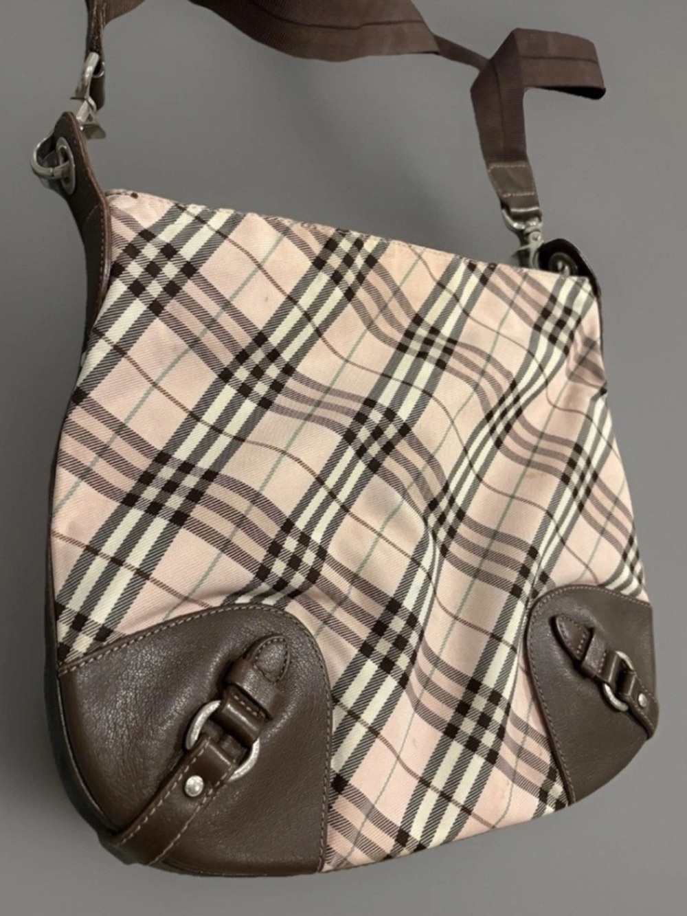 Vintage Burberry Blue Label Pink Nova Check Canvas Brown Leather Crossbody Bag - Picture 8 of 16